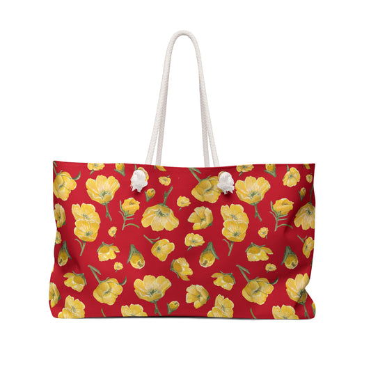 Weekender Bag, Buttercups, Red Background, Oklahoma Wildflower, Yellow Floral