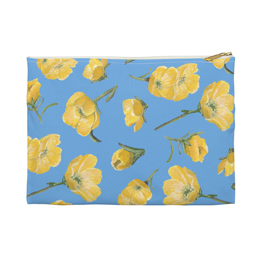 Accessory Pouch, Buttercups, Light Blue Background, Oklahoma Wildflower, Yellow Floral