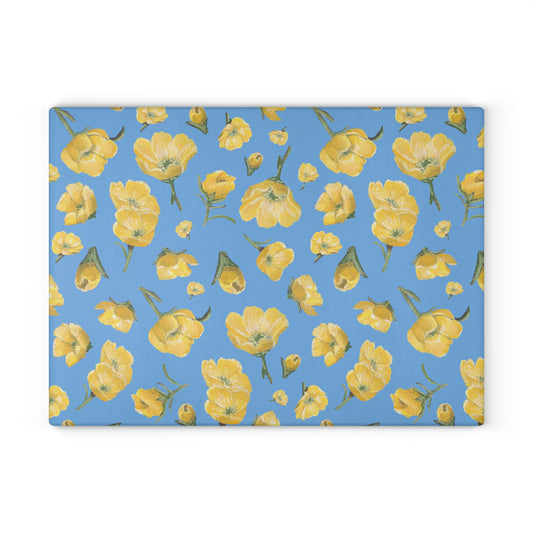 Glass Cutting Board, Kitchen Accessory, Buttercups, Light Blue Background, Oklahoma Wildflower, Yellow Floral