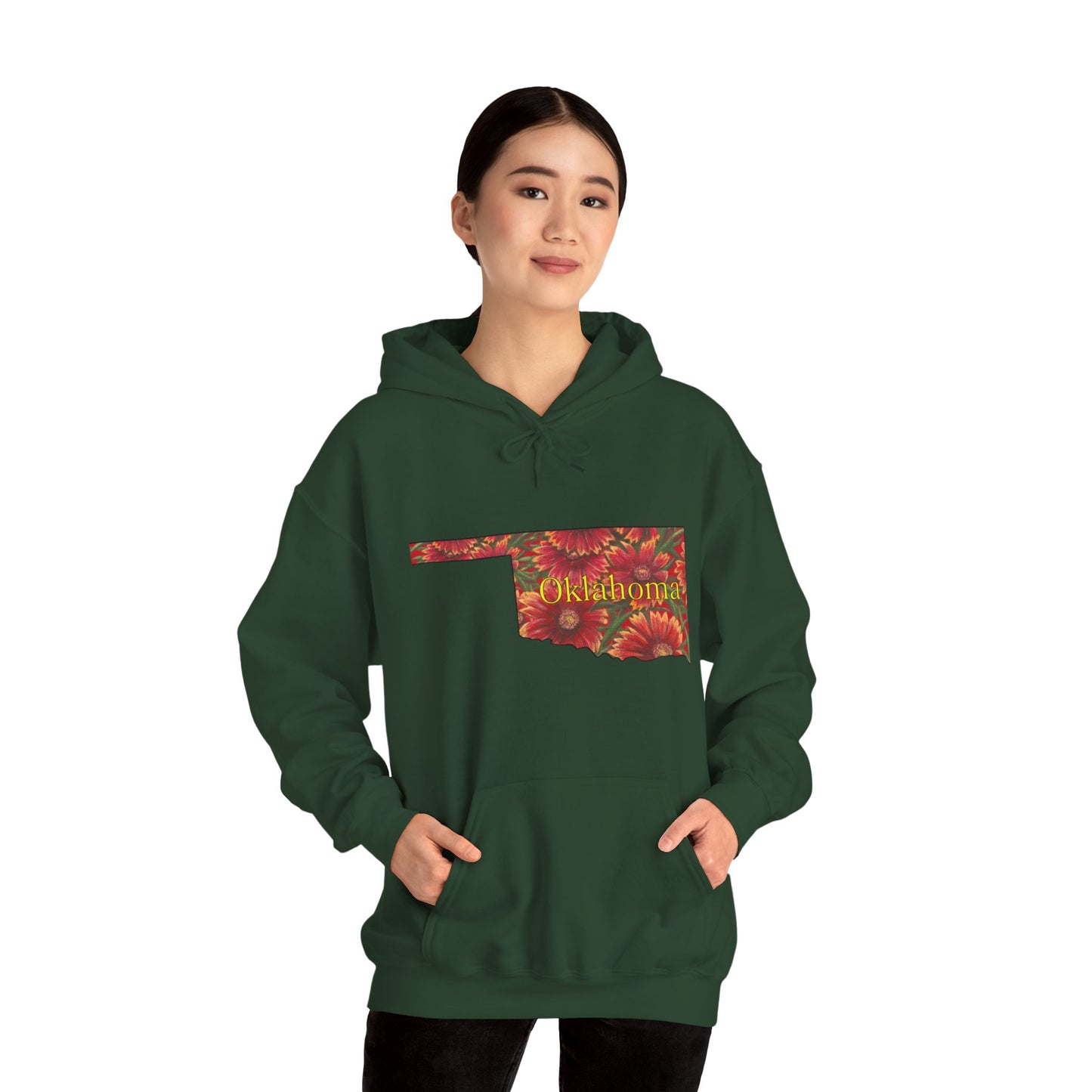 Oklahoma Hoodie - Indian Blanket - State Wildflower — Floral OK Map Design