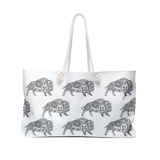 Weekender Bag, Black and White, Southeastern Tribal Motif, Bison, Buffalo, Native American, Powwow Tote