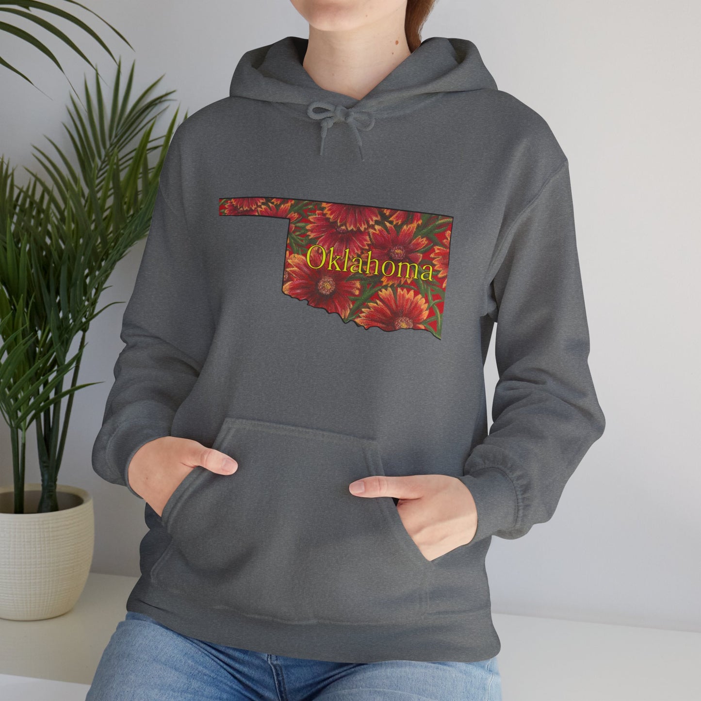 Oklahoma Hoodie - Indian Blanket - State Wildflower — Floral OK Map Design
