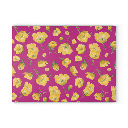 Glass Cutting Board, Kitchen Accessory, Buttercups, Hot Pink Background, Oklahoma Wildflower, Yellow Floral