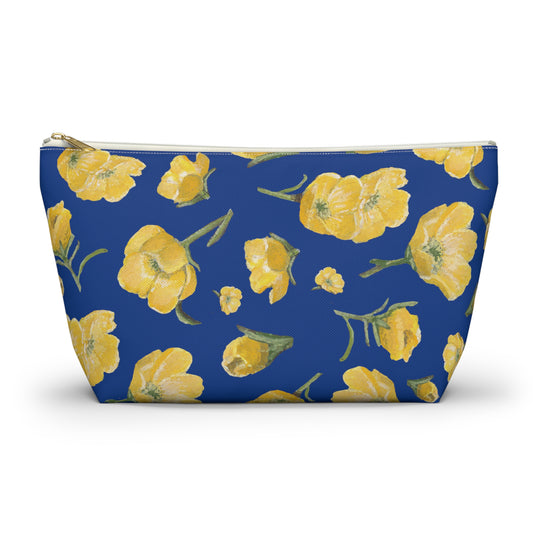 Accessory Pouch w T-bottom, Buttercups, Dark Blue Background, Oklahoma Wildflower, Yellow Floral