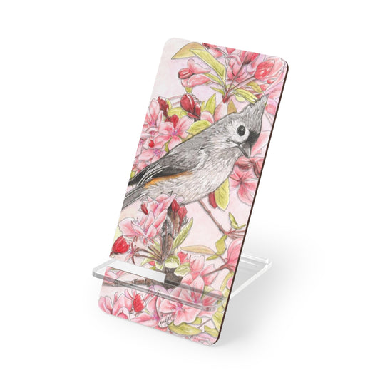 Mobile Display Stand for Smartphones, Tufted Titmouse, Wild Bird Art, Bird with Pink Floral, Cell Phone Stand