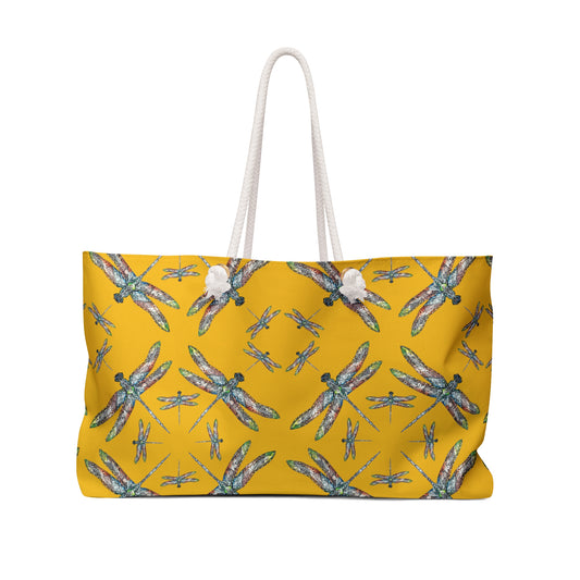 Weekender Bag, Dragonfly design, Native American, Yellow Tote, Beach bag, Powwow bag, Carry all