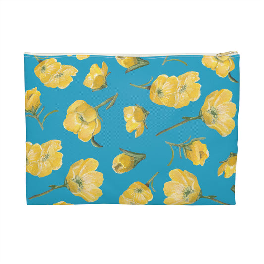 Accessory Pouch, Buttercups, Turquoise Colored Background, Oklahoma Wildflower, Yellow Floral