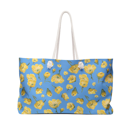 Weekender Bag, Buttercups, Light Blue Background, Oklahoma Wildflower, Yellow Floral