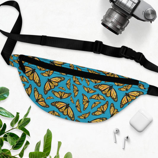 Fanny Pack, Turquoise Background, Monarch, Butterfly, Kamama