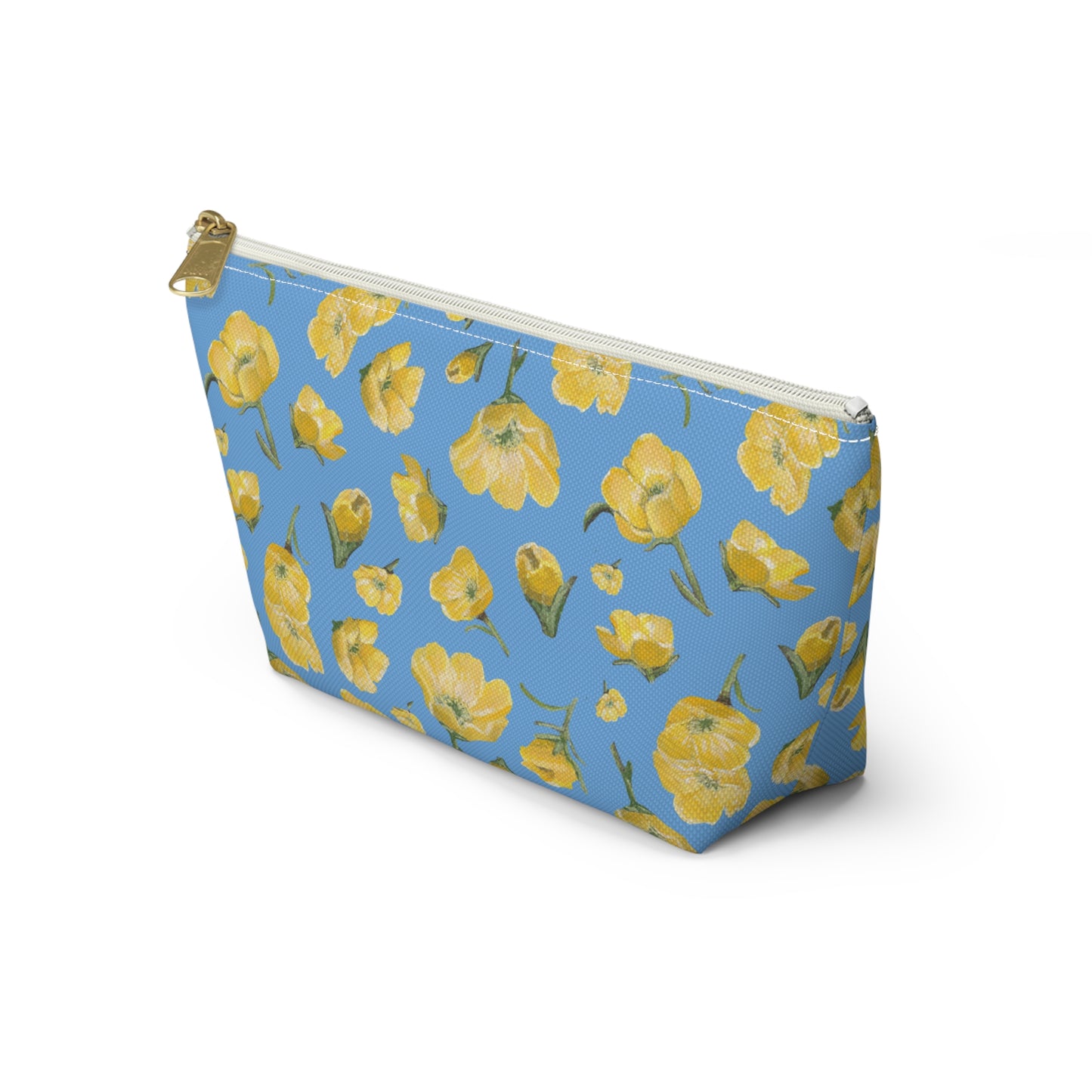 Accessory Pouch w T - bottom -Buttercups, Light Blue & Yellow - Floral Makeup Bag