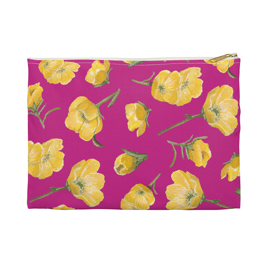 Accessory Pouch, Buttercups, Hot Pink Background, Oklahoma Wildflower, Yellow Floral