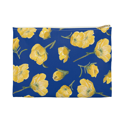 Accessory Pouch, Buttercups, Dark Blue Background, Oklahoma Wildflower, Yellow Floral