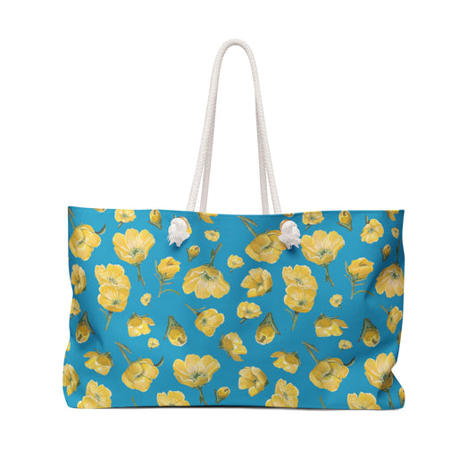 Weekender Bag, Buttercups, Turquoise Colored Background, Oklahoma Wildflower, Yellow Floral
