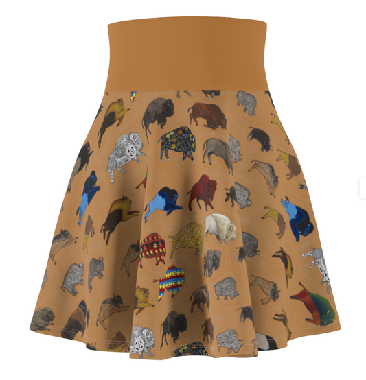 Tan Native Bison Pattern Skater Skirt — Cute Colorful Bison Print AOP