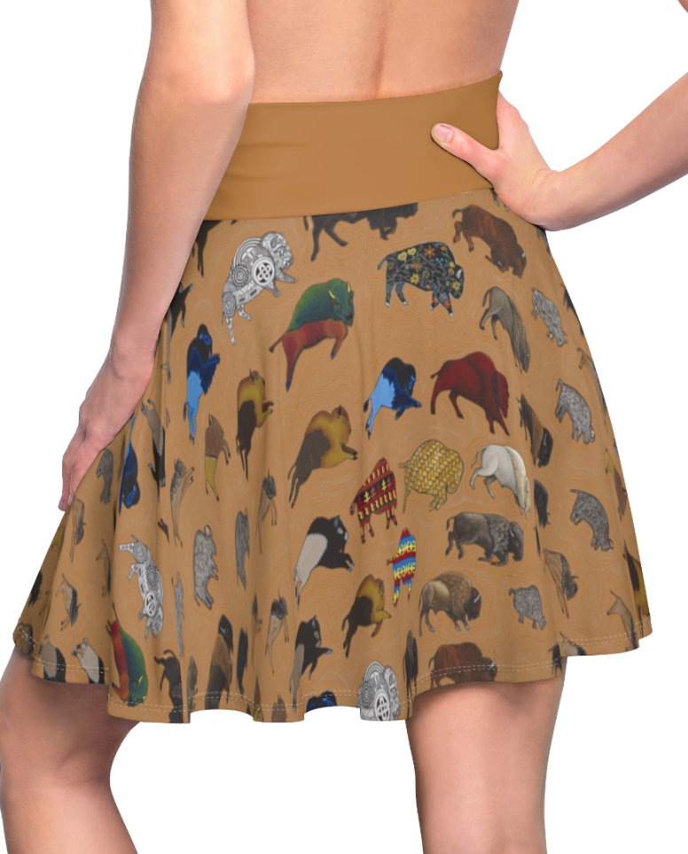 Tan Native Bison Pattern Skater Skirt — Cute Colorful Bison Print AOP