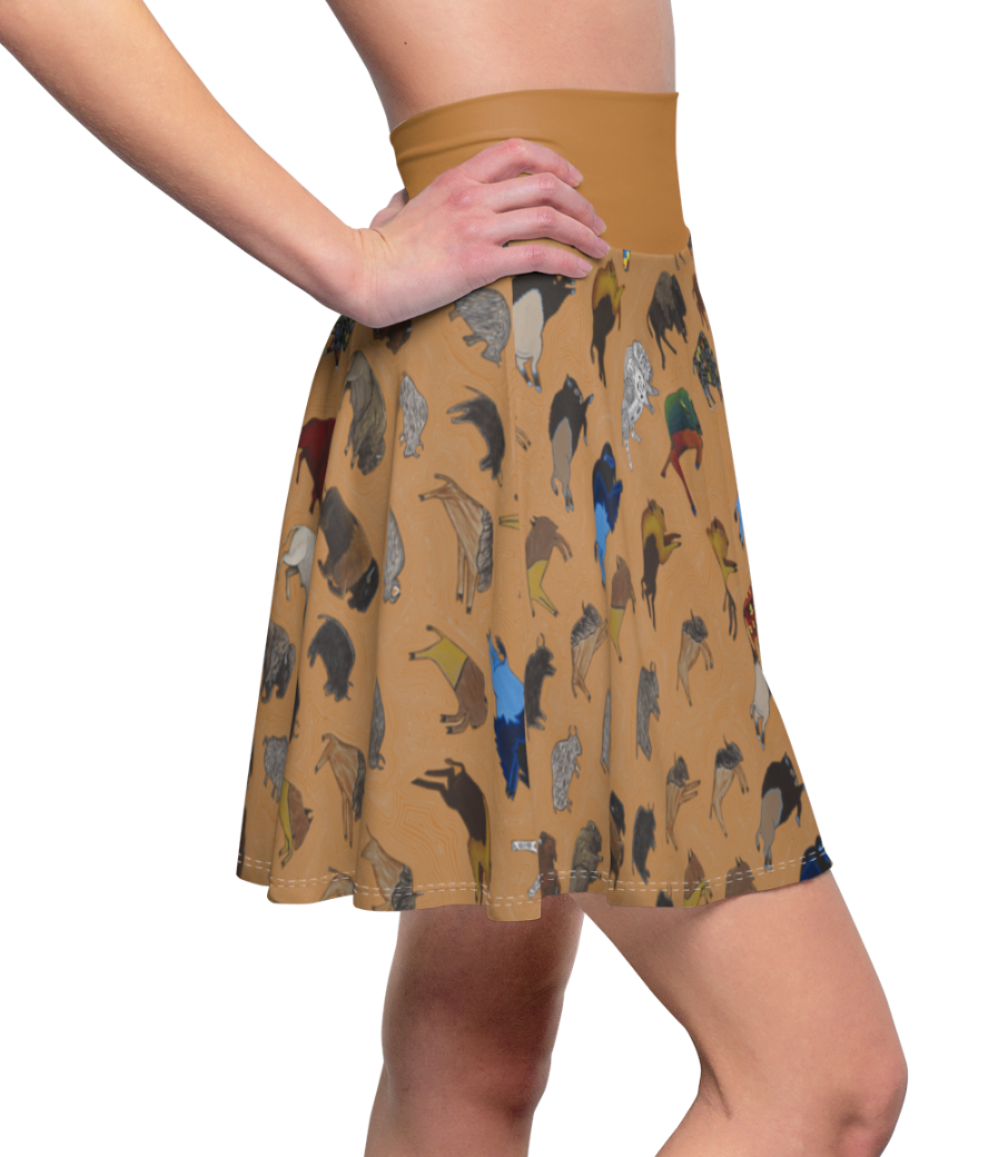 Tan Native Bison Pattern Skater Skirt — Cute Colorful Bison Print AOP