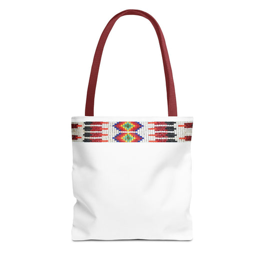 Tote Bag, PRINTED Native American bead design, Red handle, Uncle Buds beadwork inspired